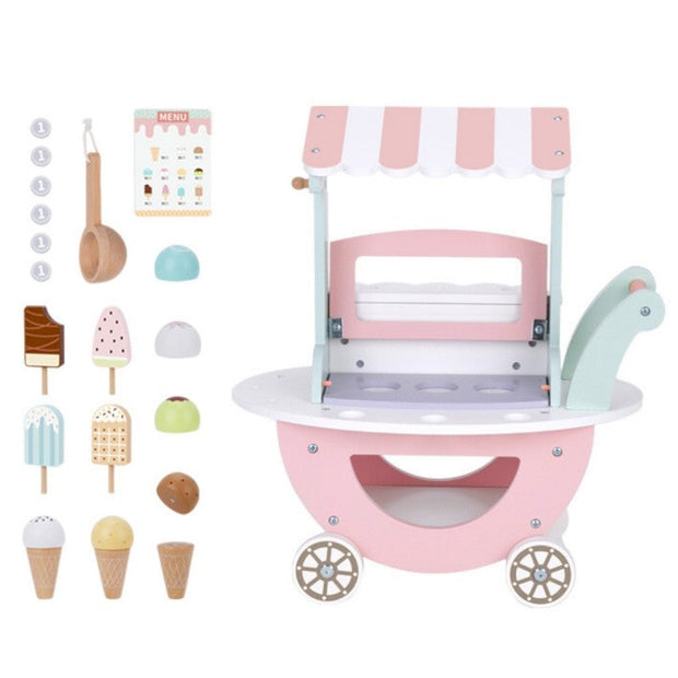 Woopie Houten Ice Cream Kar houten speelset pastelkleuren met ijsschepjes en accessoires