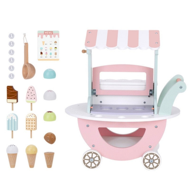 Woopie Houten Ice Cream Kar houten speelset pastelkleuren met ijsschepjes en accessoires