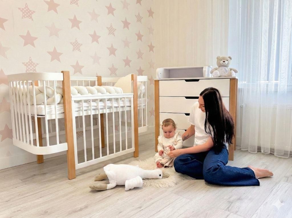 Moeder speelt met baby naast het naturel-witte babybed en commode in de babykamer