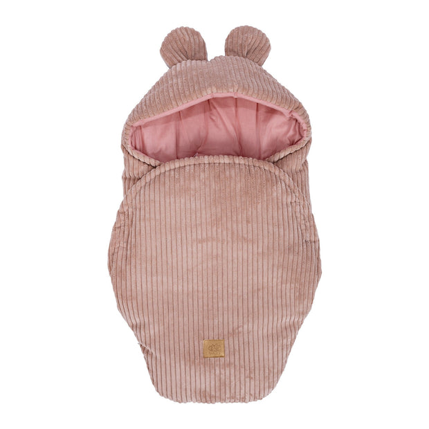 MeowBaby Wikkeldeken Rib Bear in zacht poederroze met geribd corduroy en berenoortjes