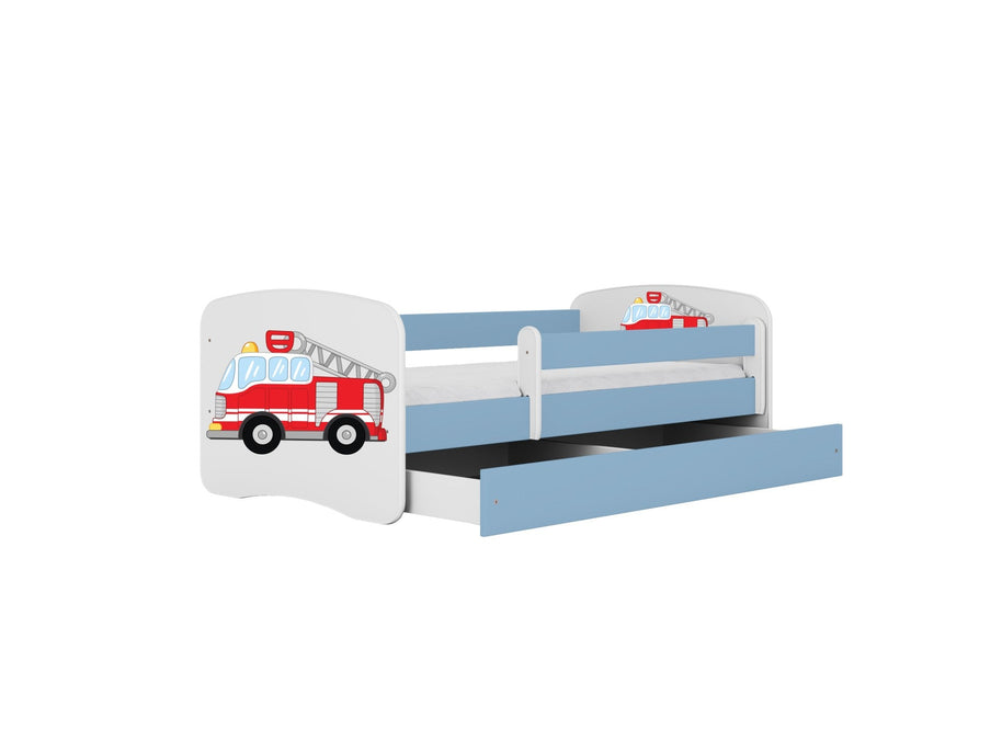 Kocot Kids Junior Bed Brandweerauto Blauw kinderbed met opberglade en zijbeveiliging