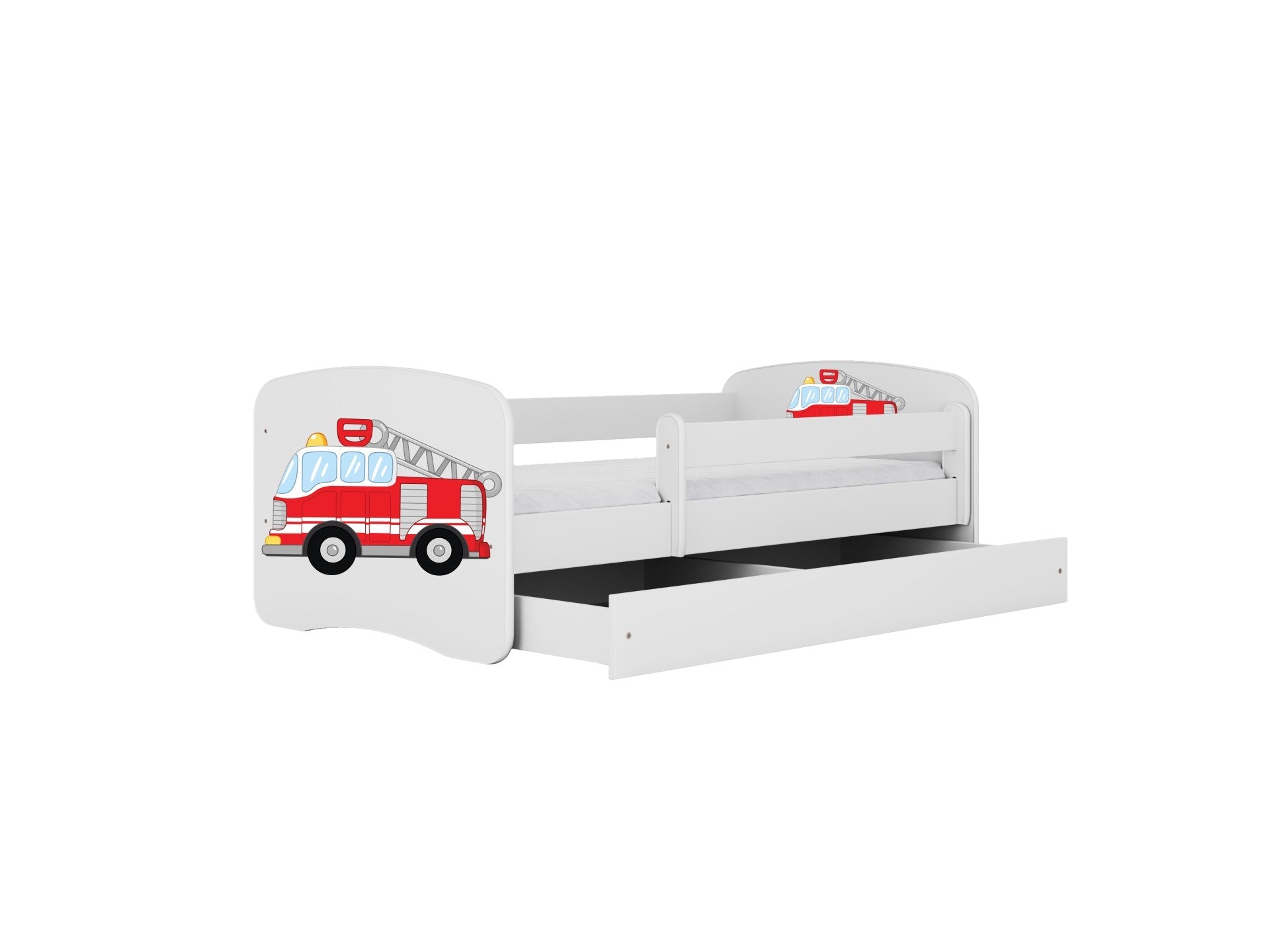 Kocot Kids Junior Bed Brandweerauto Wit met lade en zijbeveiliging, veilig en stijlvol kinderbed