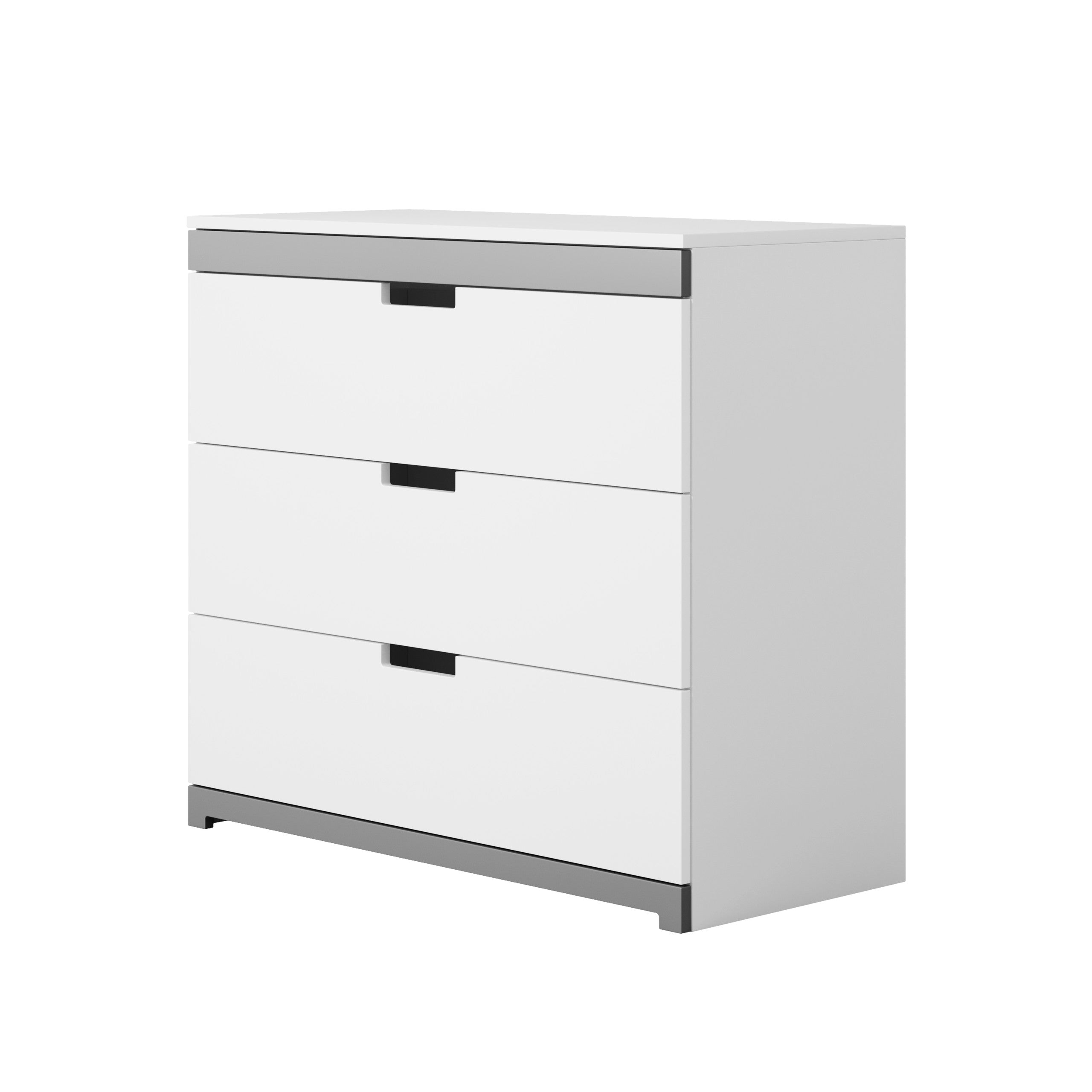 Witte ladekast met grijze accenten.
