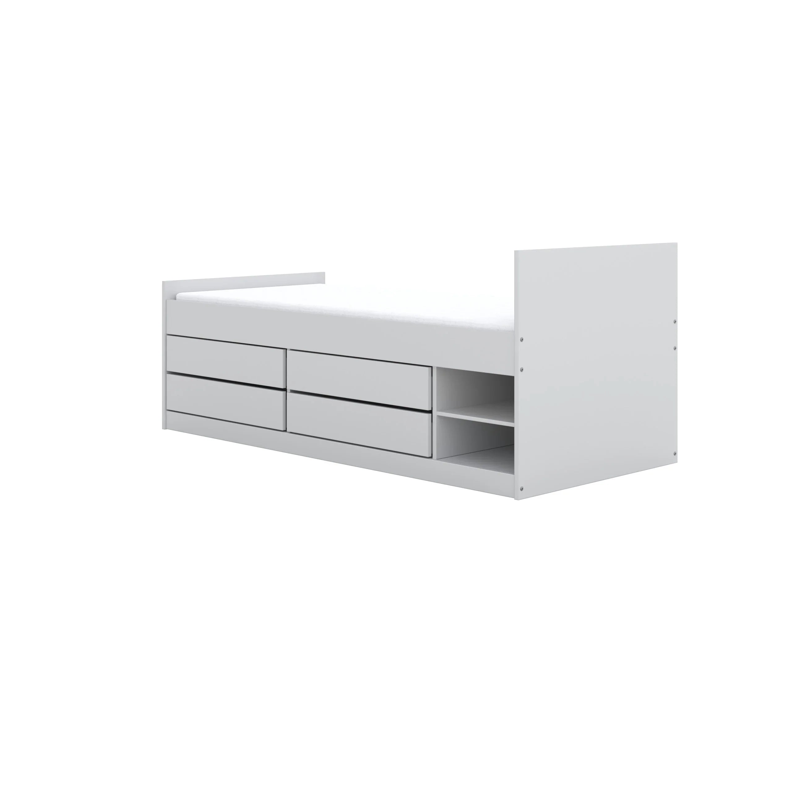 Wit bed met lades en opbergvak.
