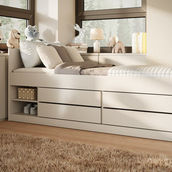 Kocot Kids Junior Bed Leon wit met opbergruimte en strak modern design in lichte slaapkamer