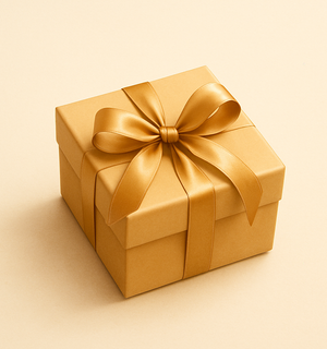 Create an image with a gift in it, with a background color of #f5f1ea and the gift itself should be of the color #e7b97d