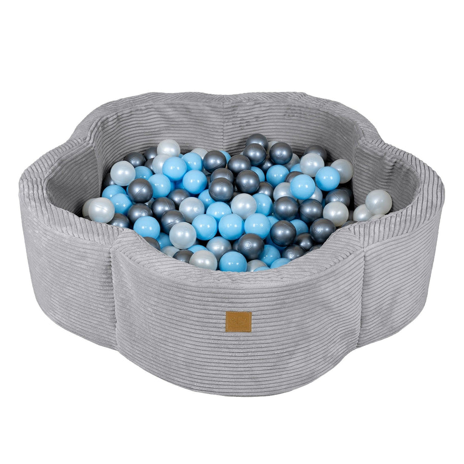 MeowBaby Ballenbak Rib Bloem grijs met zachte ribstof en kleurrijke speelballen