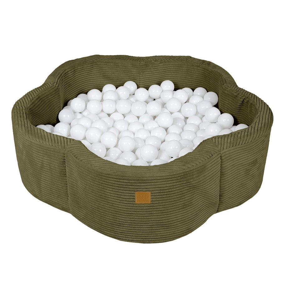 MeowBaby Ballenbak Rib Bloem in khaki met zachte ribstof en witte ballen