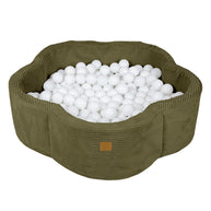MeowBaby Ballenbak Rib Bloem in khaki met zachte ribstof en witte ballen