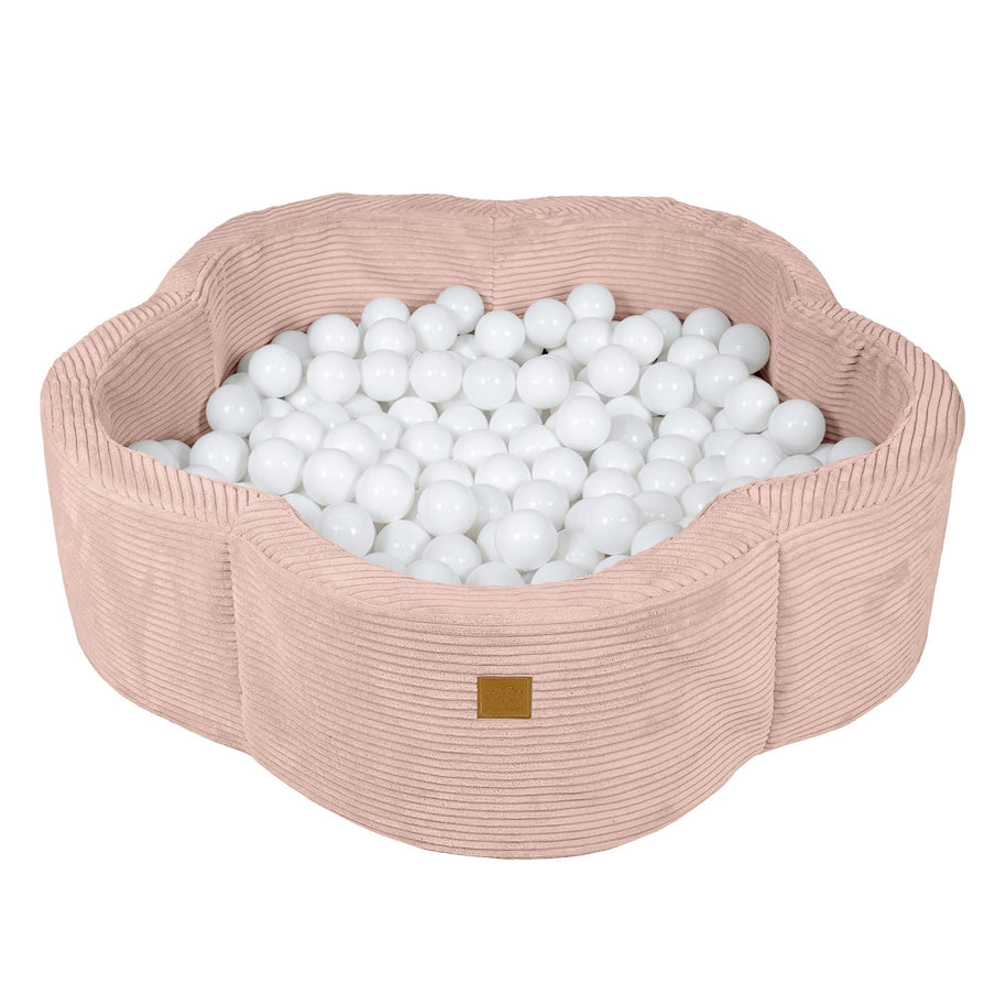 MeowBaby Ballenbak Rib Bloem in roze met zachte ribstof en witte ballenbakballen
