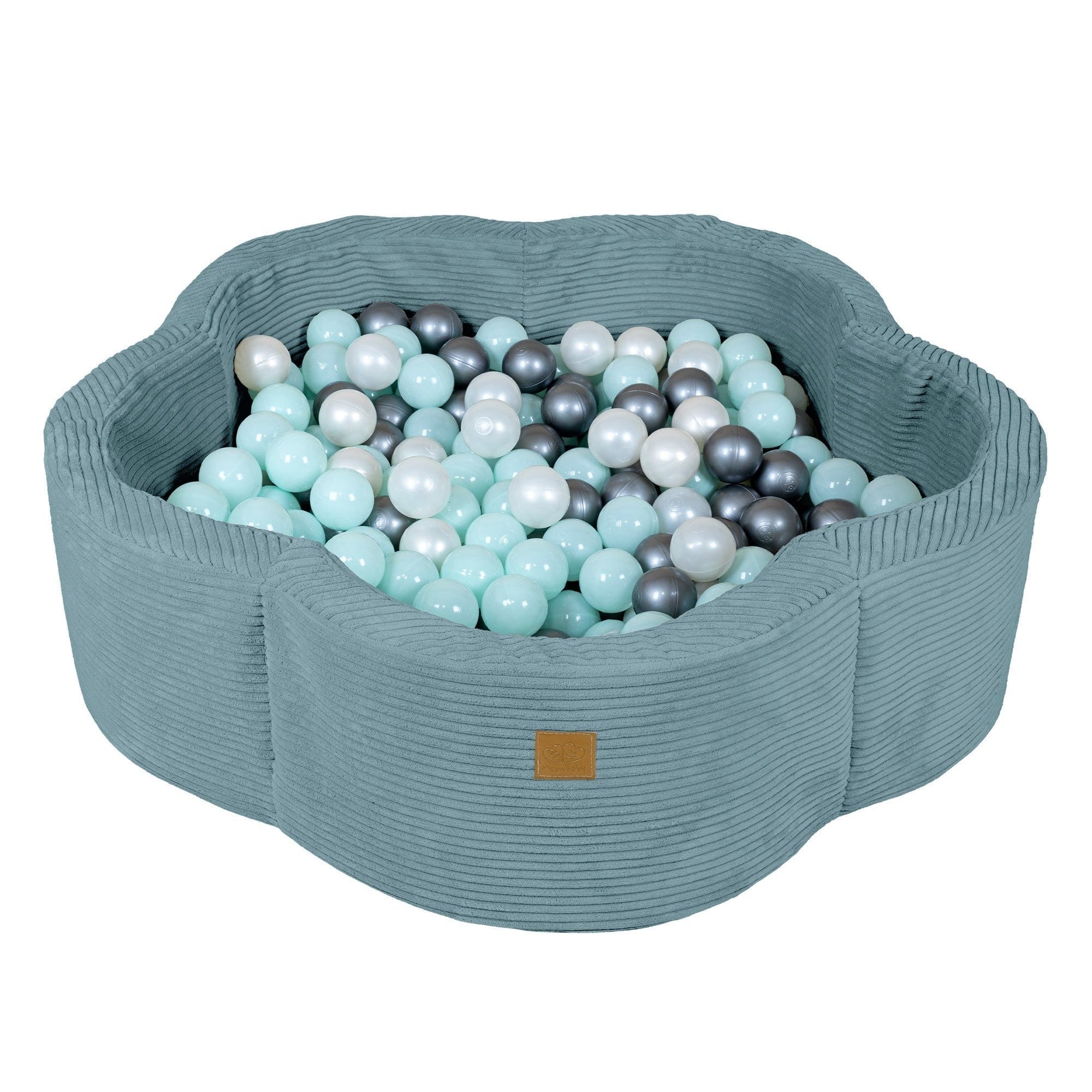 MeowBaby Ballenbak Rib Bloem blauw, zachte ribstof en kleurrijke ballen zonder giftige stoffen
