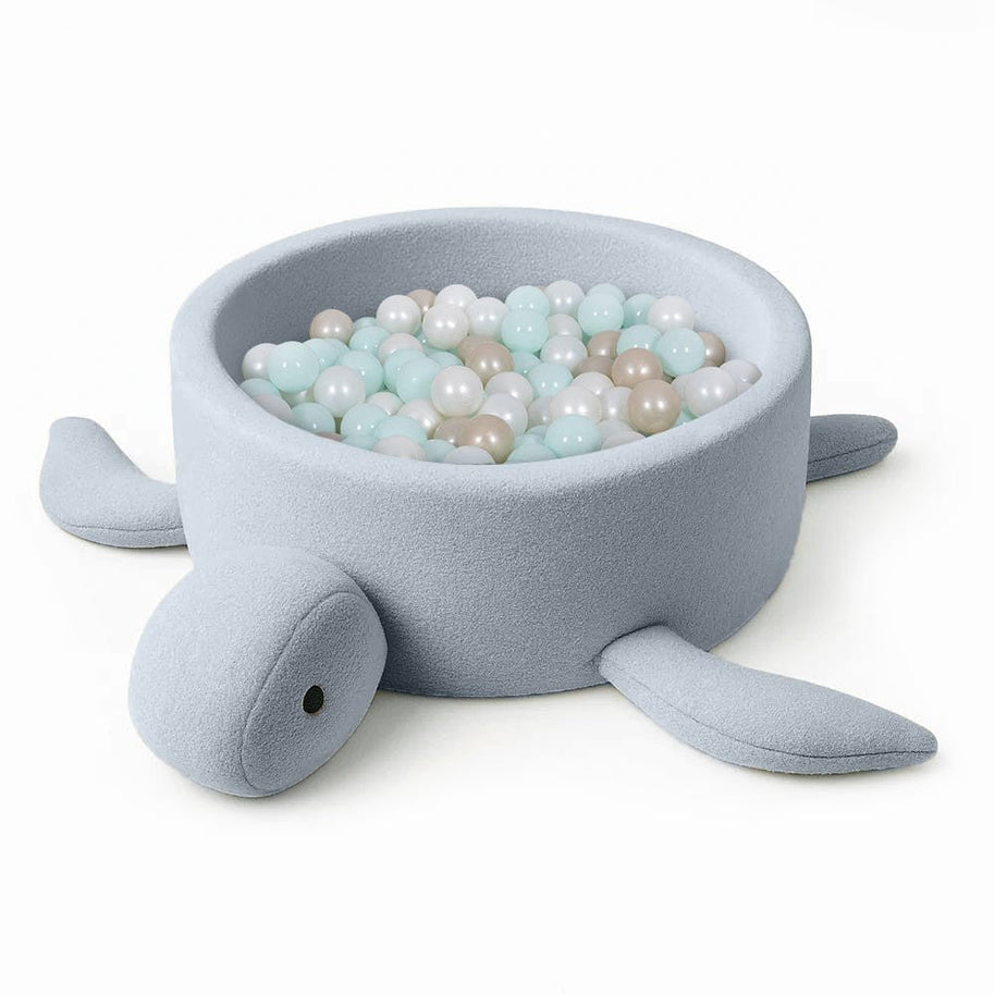 MeowBaby Ballenbak Schildpad Bouclé blauw met zachte foam en pastel ballen