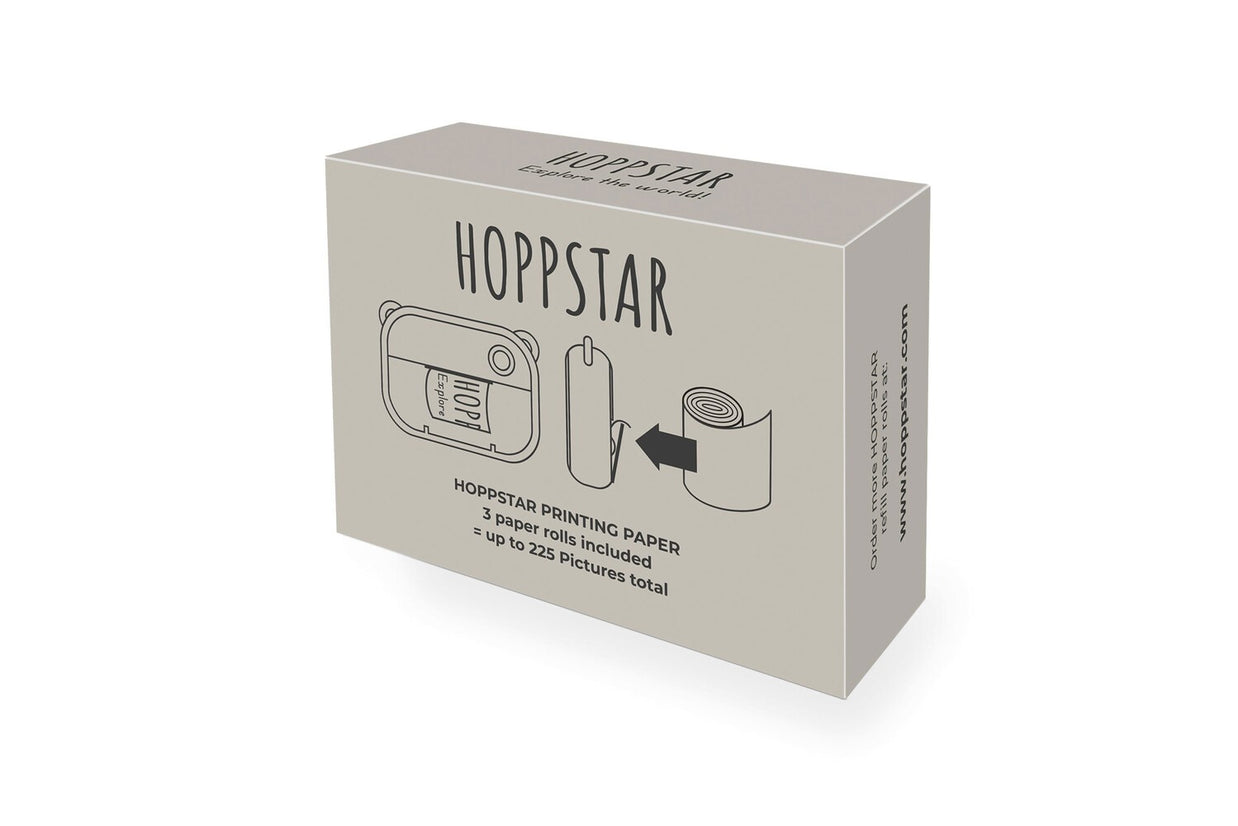 Lichtgrijze Hoppstar doos met witte papierrollen voor de kindercamera Artist