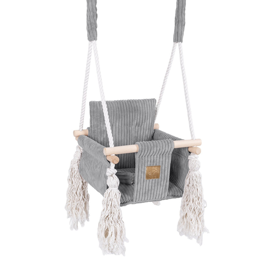 MeowBaby Indoor Baby Schommel grijs met zachte corduroy zitting en veiligheidsgordel