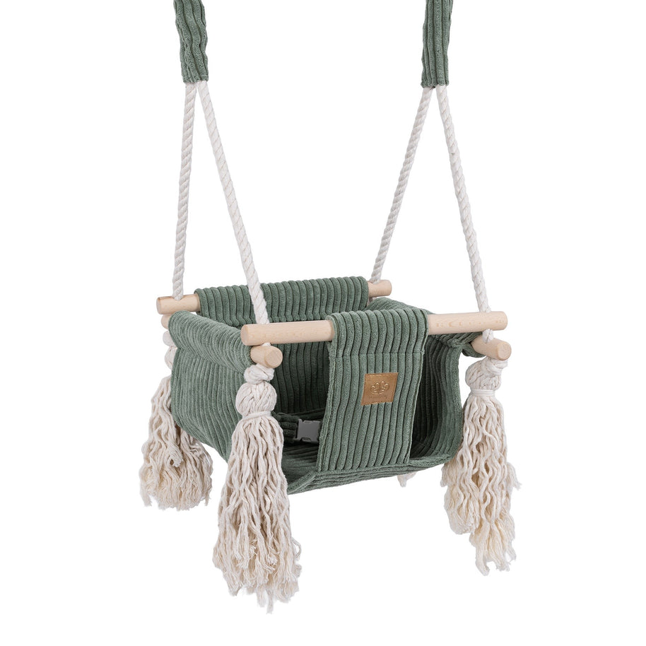 MeowBaby Indoor Baby Schommel groen met zachte corduroy zitting en veiligheidsgordel