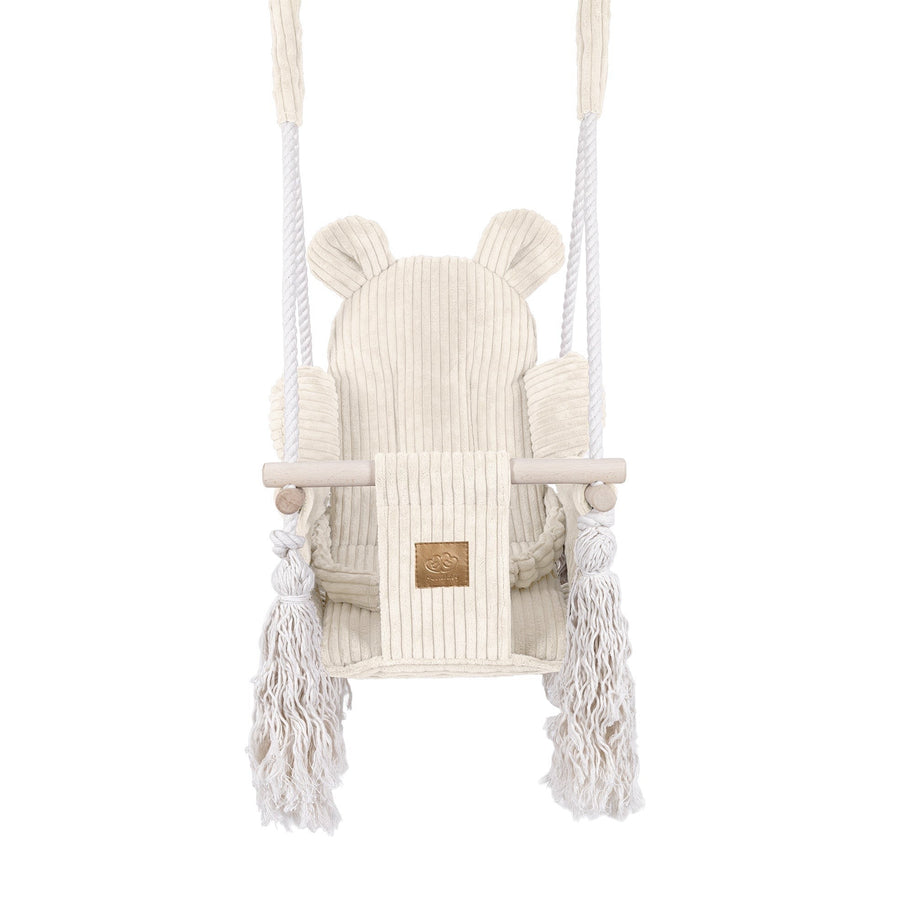 MeowBaby Indoor Baby Schommel Beer in ecru met zachte corduroy zitting en houten elementen