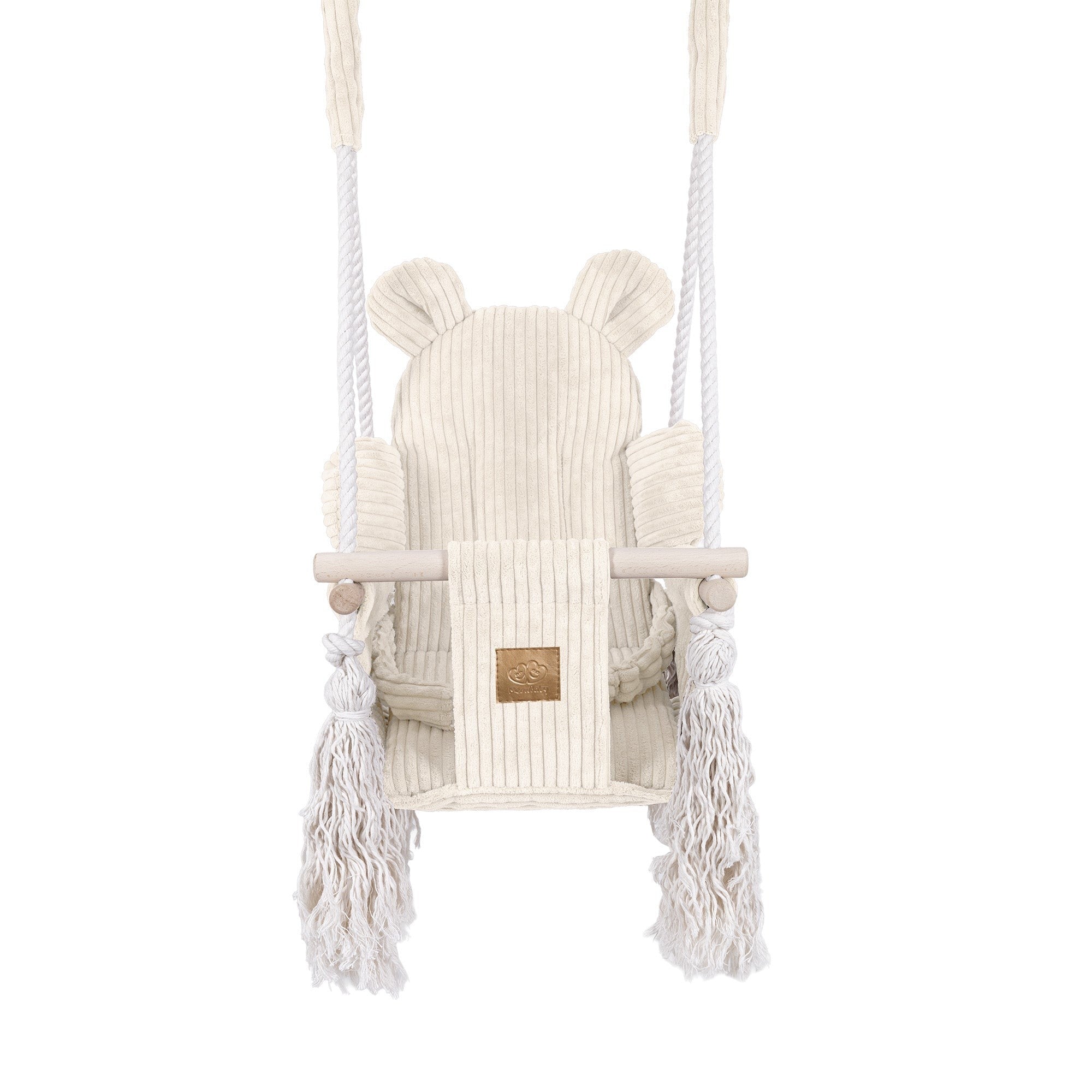 MeowBaby Indoor Baby Schommel Beer in ecru met zachte corduroy zitting en houten elementen