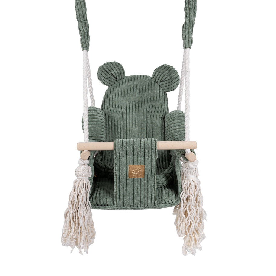 MeowBaby Indoor Baby Schommel Beer Groen met zachte corduroy zitting en veiligheidsgordel