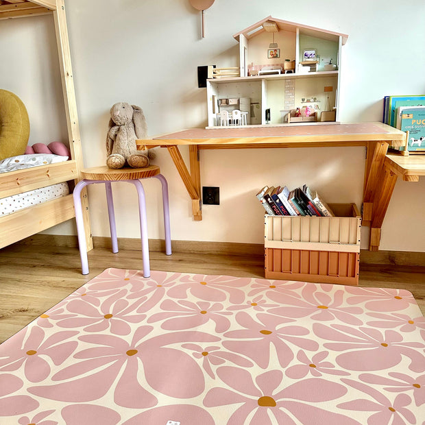 Kids Mealtime Floor Mat, Non-Slip & Waterproof - Daisy Pink