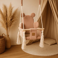 MeowBaby Indoor Baby Schommel Beer Roze met zachte corduroy stof en houten afwerking
