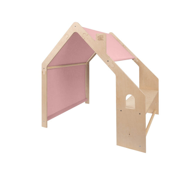 MeowBaby Houten Speelhuisje voor Kinderen Natural met roze luifel, veilig en duurzaam speelgoed