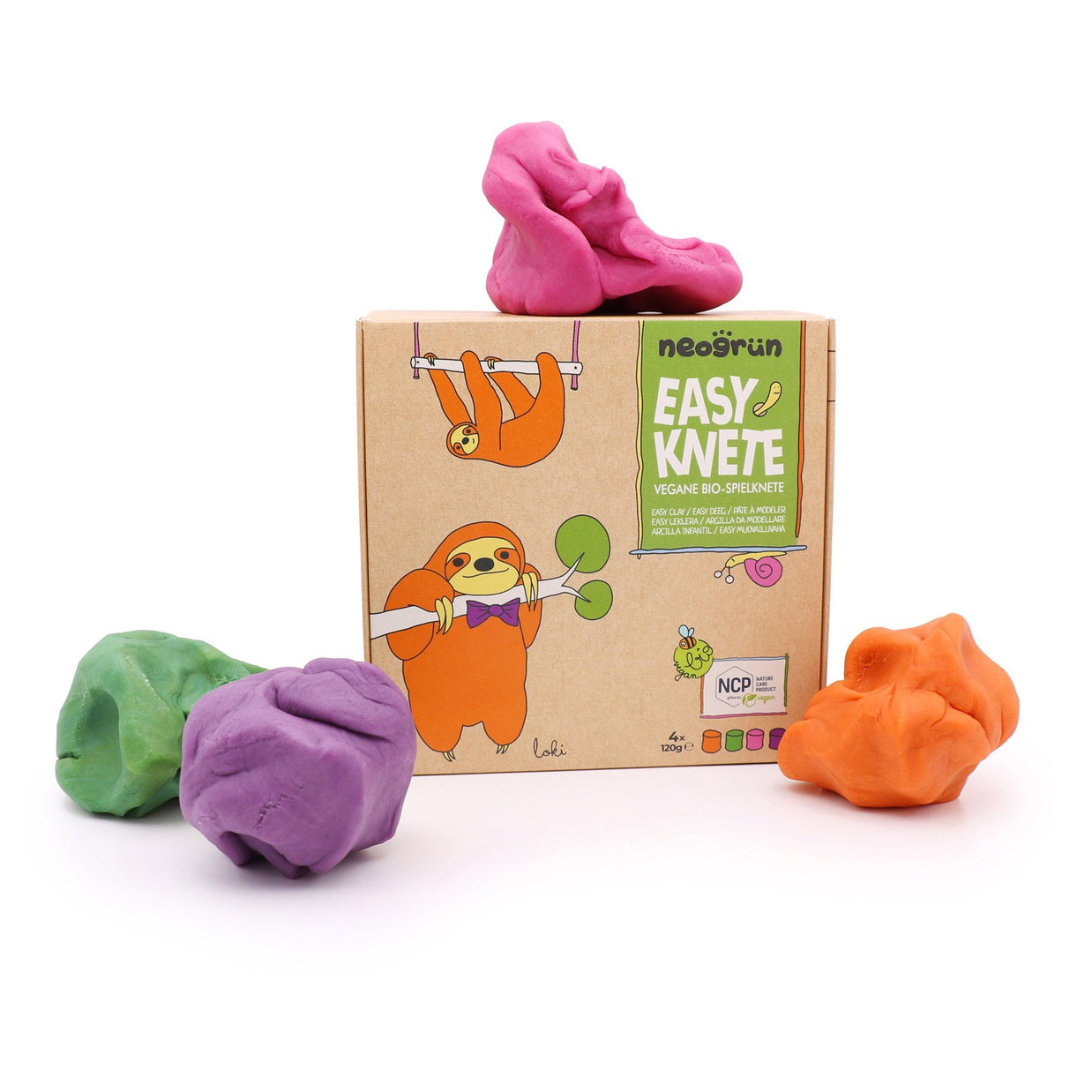 Neogrün doos biologische klei set met klompjes klei in roze, groen, paars en oranje