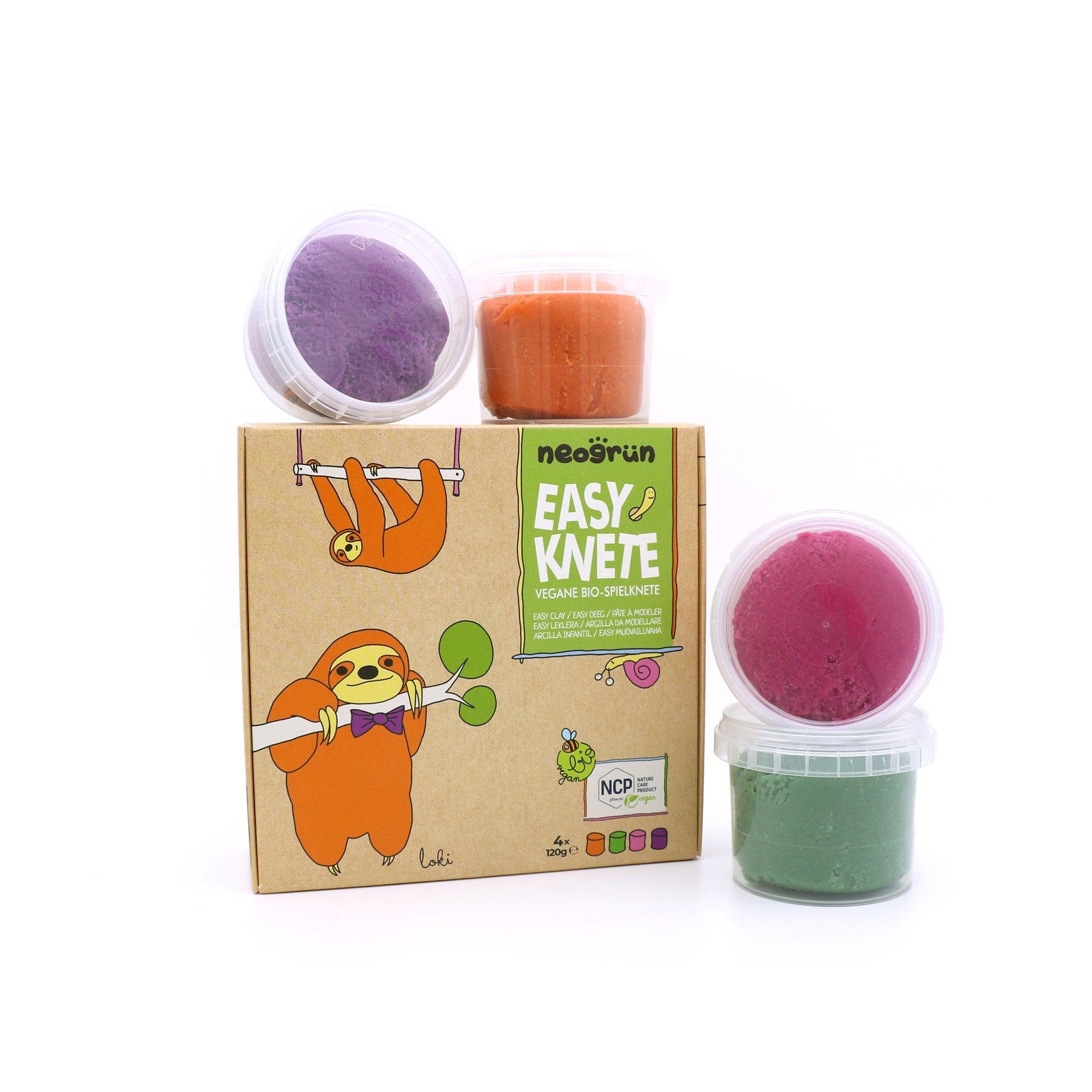 Neogrün doos biologische klei set met potjes in paars, oranje, roze en groen