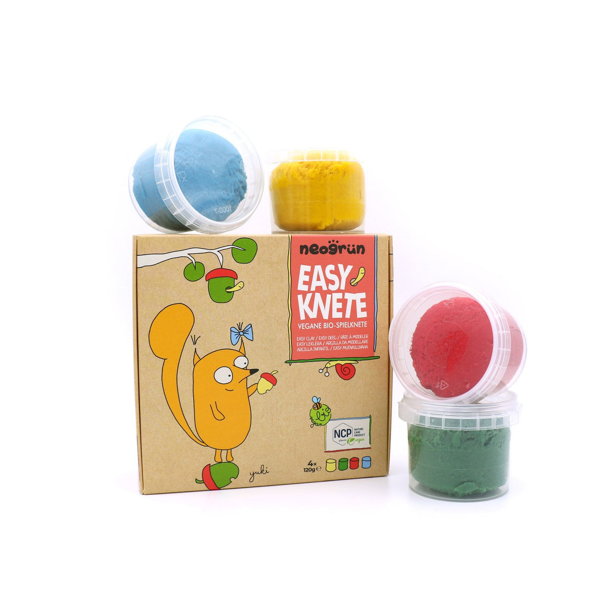 Neogrün doos biologische klei set met potjes in blauw, geel, rood en groen