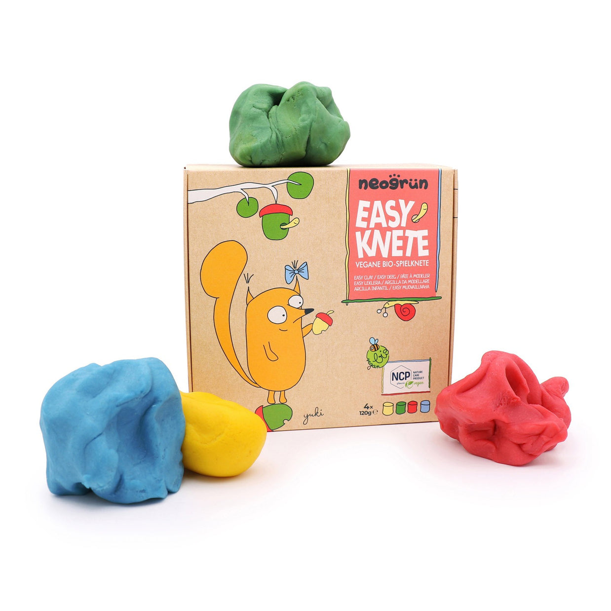 Neogrün doos biologische klei set met klompjes klei in groen, blauw, geel en rood
