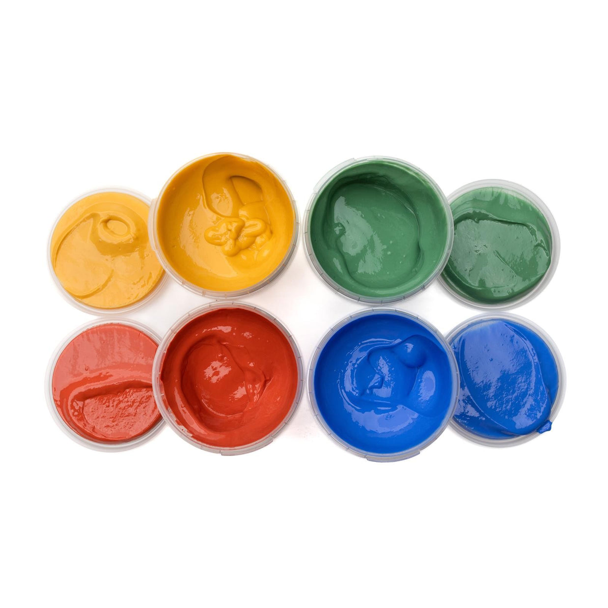 Acht potjes biologische vingerverf in geel, groen, rood en blauw naast elkaar