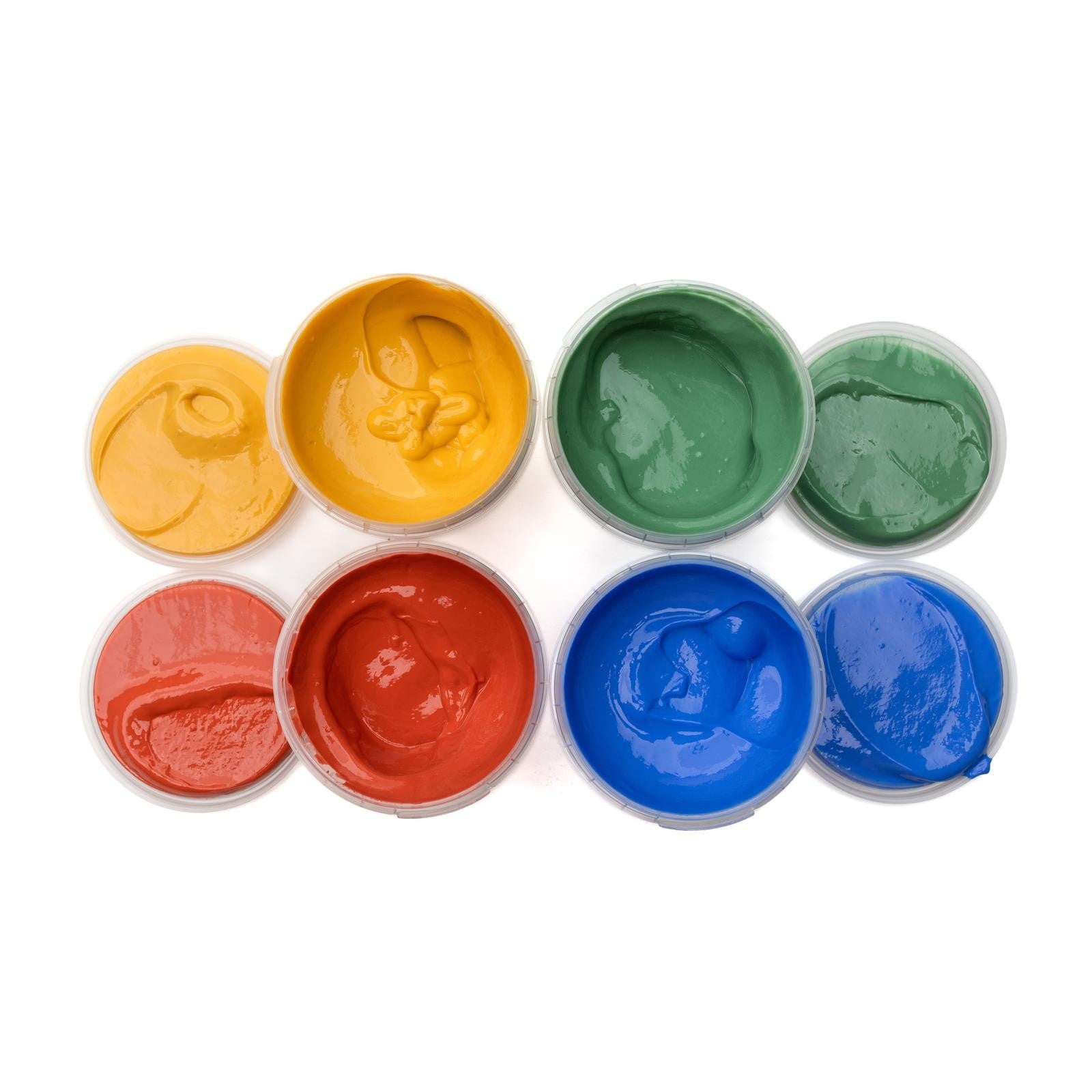 Acht potjes biologische vingerverf in geel, groen, rood en blauw naast elkaar