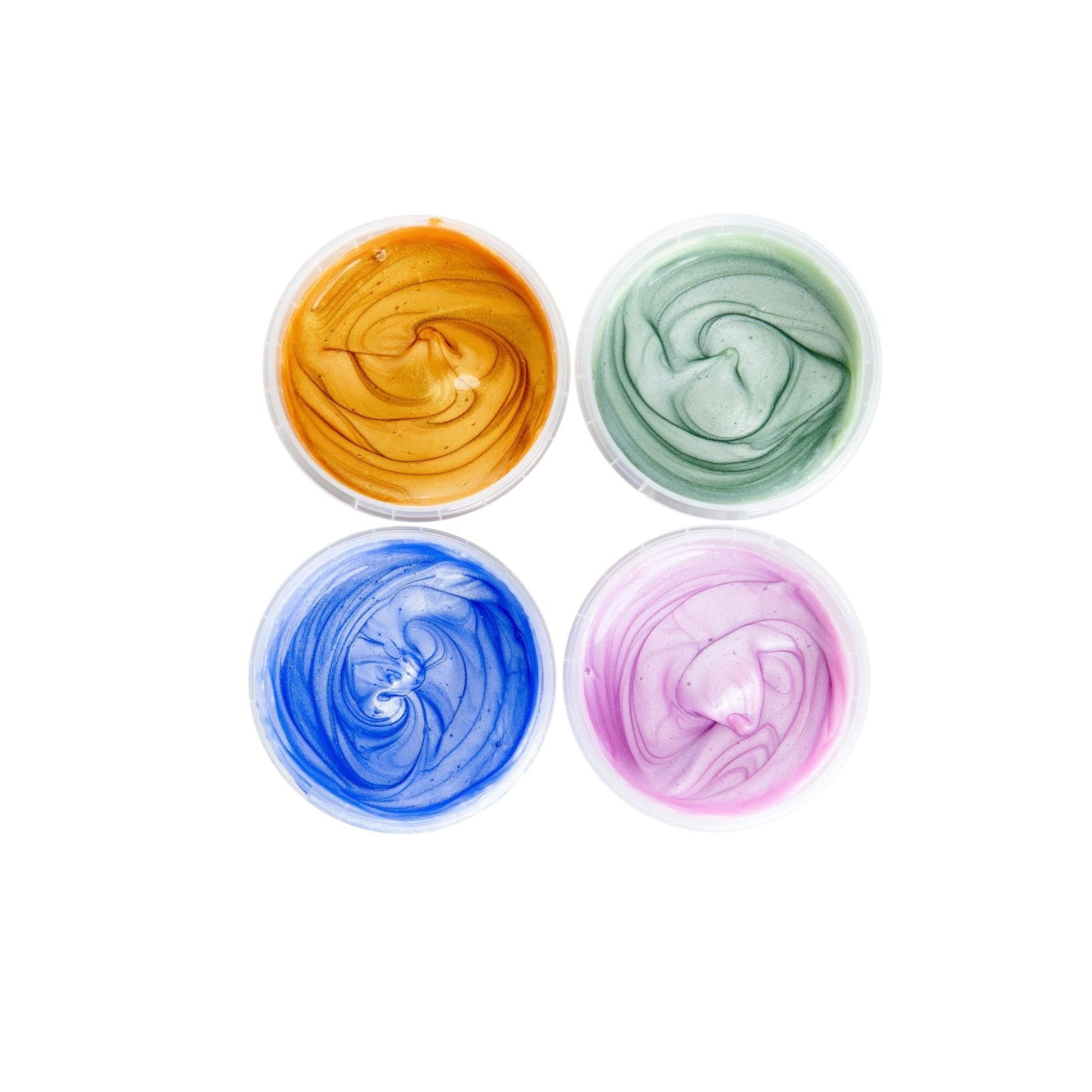 Vier potjes glinsterende biologische vingerverf in goud, groen, blauw en roze