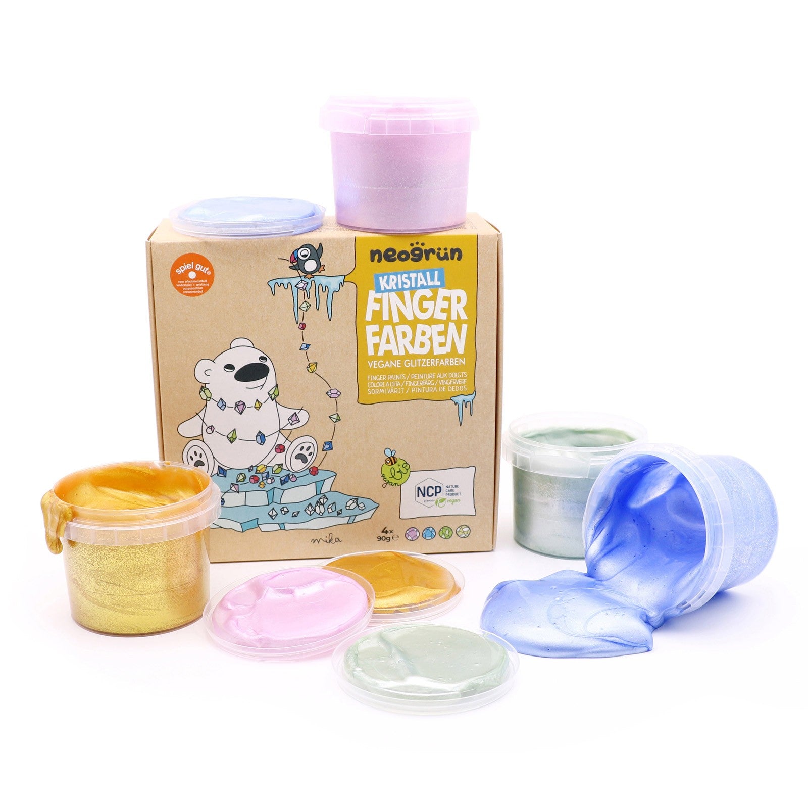 Neogrün doos biologische glitter vingerverf met potjes in goud, roze, groen en blauw