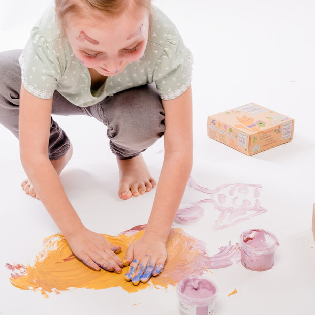 Biologische vingerverf – Geel, groen, roze en paars