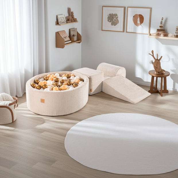 MeowBaby Speelset met Ballenbak Rib Ecru - Beige, Goud & Parelmoer (incl 200 ballen)