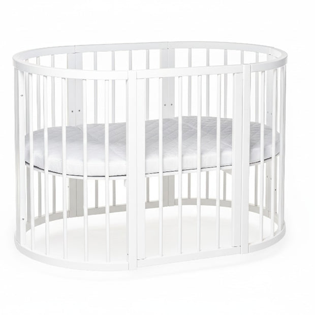 Wit ovaal babybed OLIN met matras, vooraanzicht