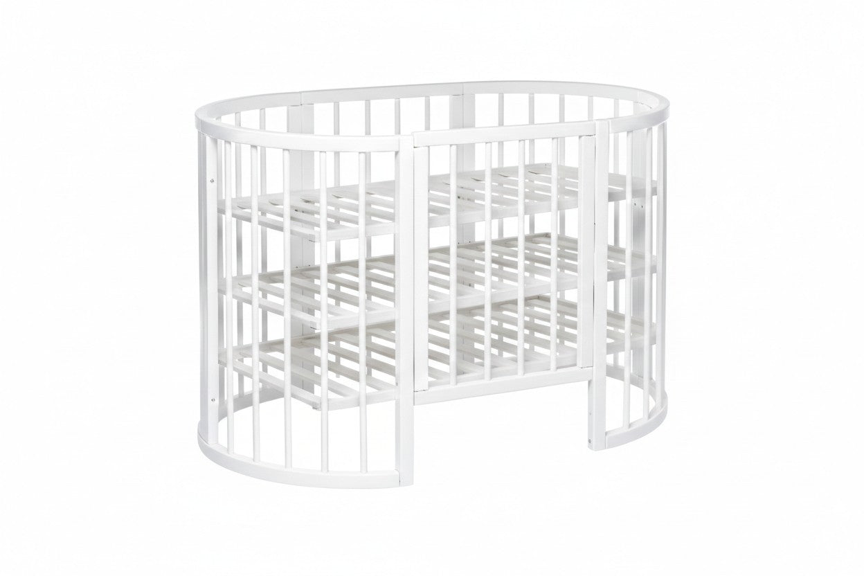 Babybed OLIN omgebouwd tot ovale opbergmeubel met drie planken