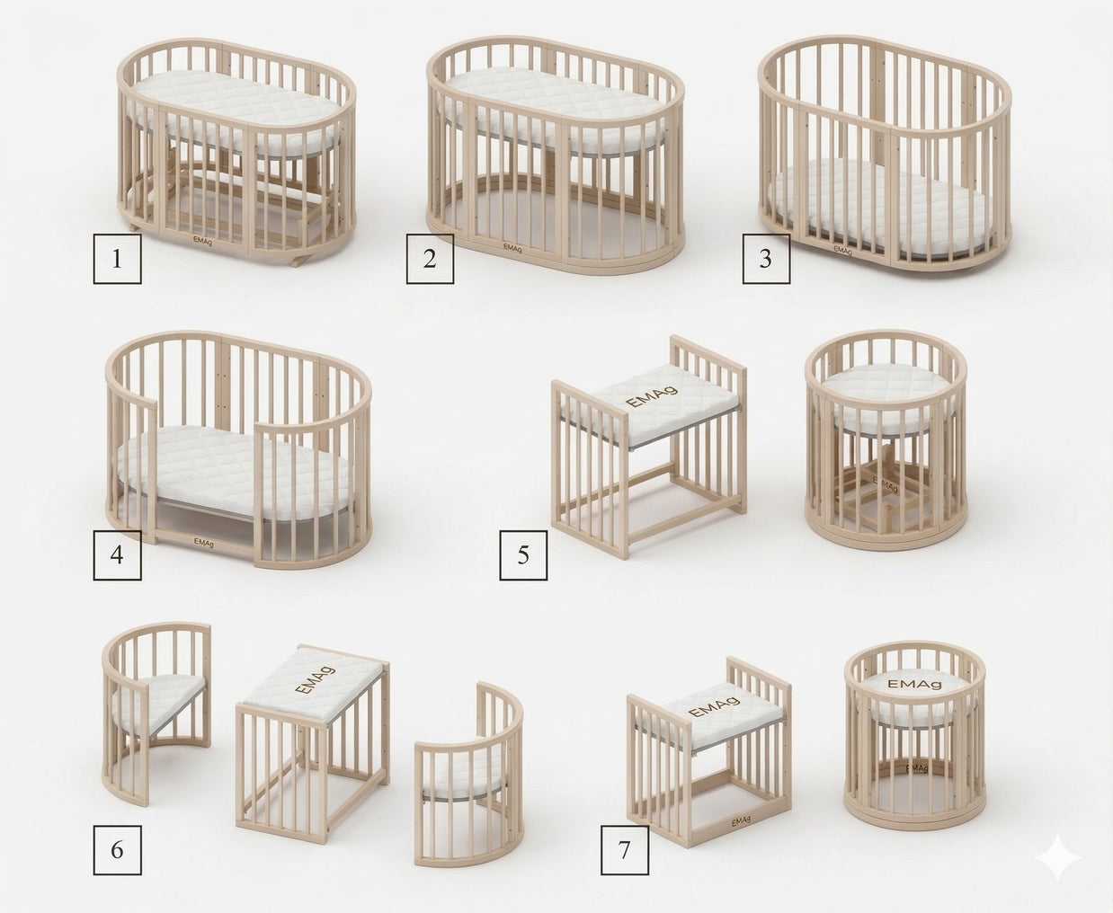 Overzicht van zeven opbouwvarianten van het meegroeiende babyledikant Olin