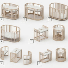 Overzicht van zeven opbouwvarianten van het meegroeiende babyledikant Olin