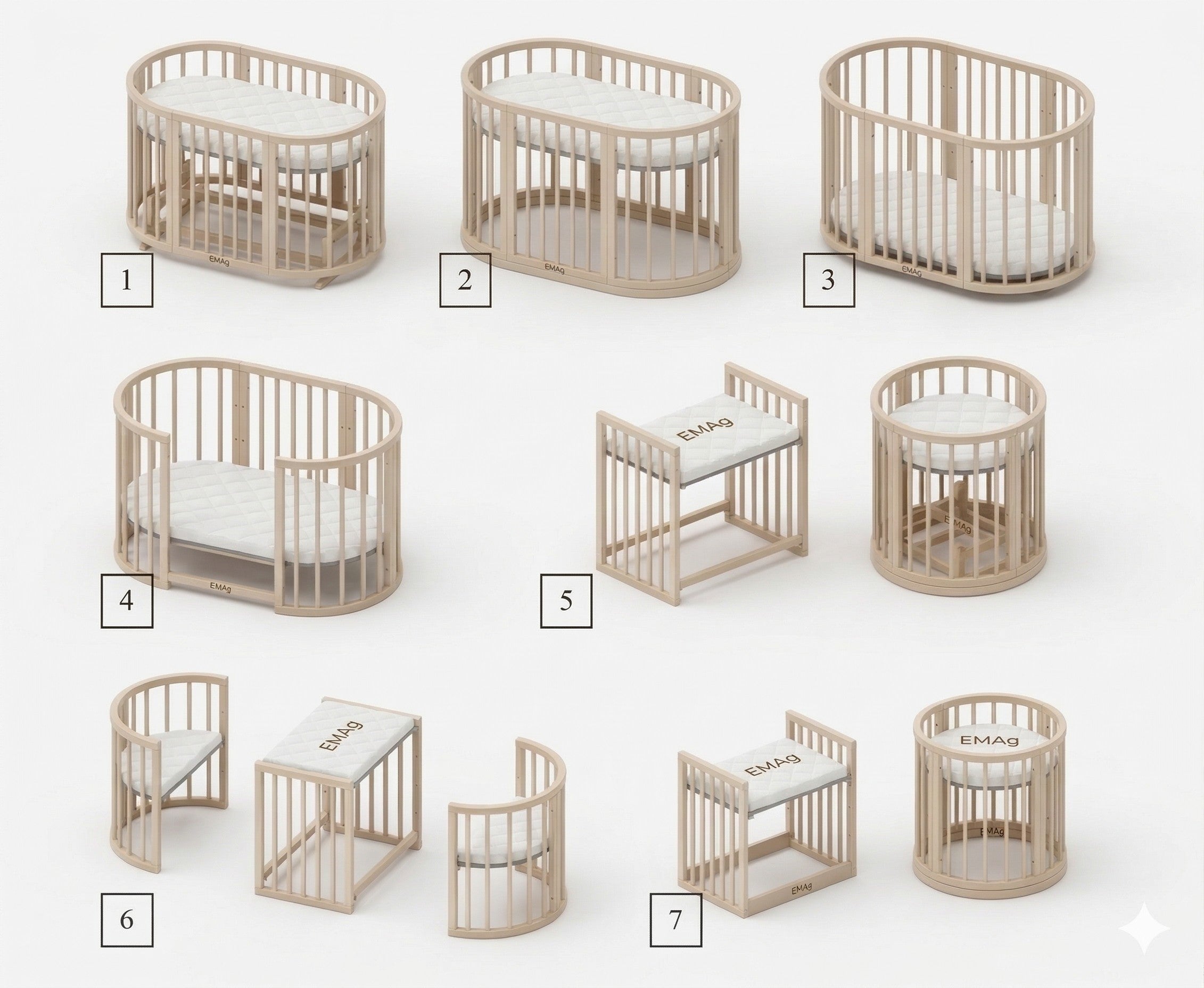 Overzicht van zeven opbouwvarianten van het meegroeiende babyledikant Olin