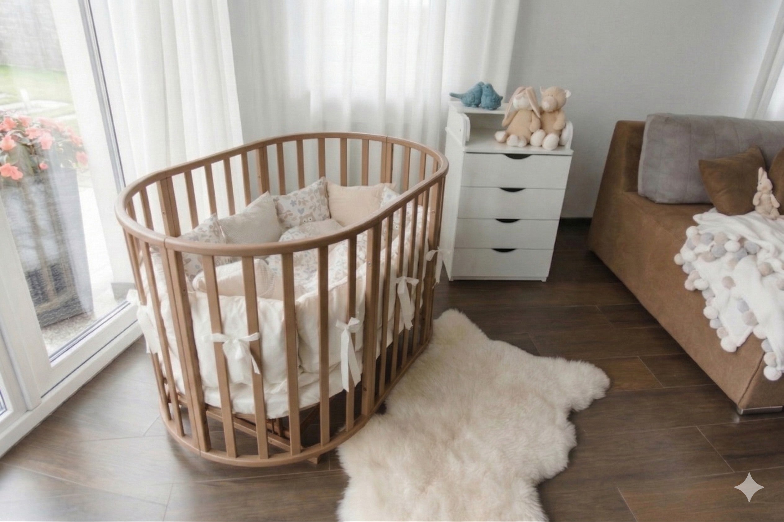Houten babyledikant Olin sfeervol ingericht in een lichte babykamer