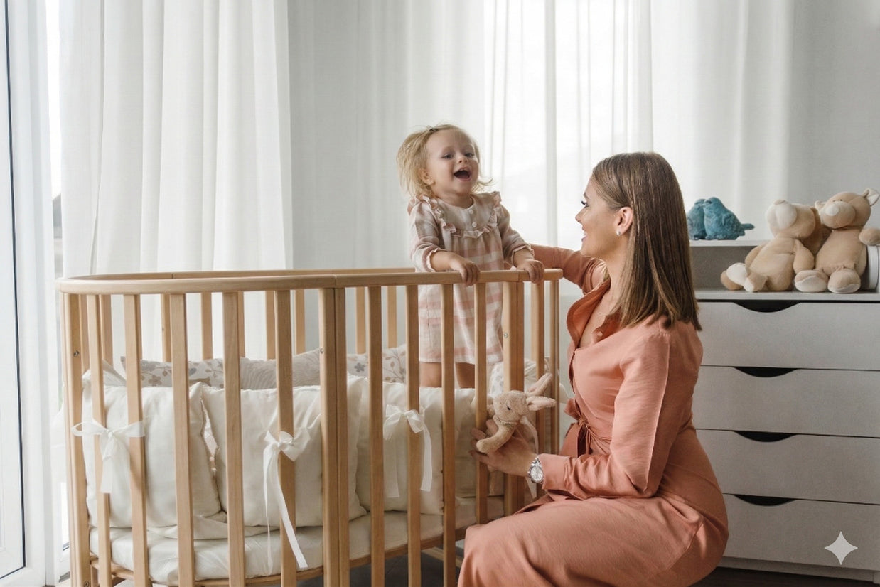 Moeder en lachende peuter bij het houten babyledikant Olin in een lichte babykamer