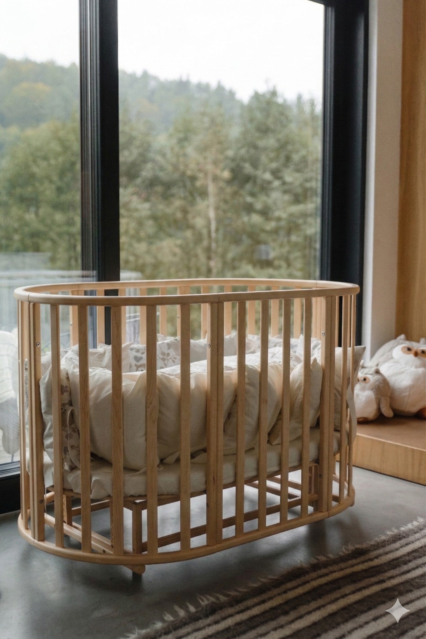 Houten babyledikant Olin met beddengoed bij een groot raam met bosuitzicht