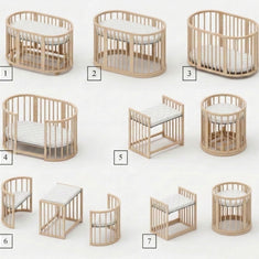 Overzicht van zeven opbouwvarianten van het meegroeiende babyledikant Olin