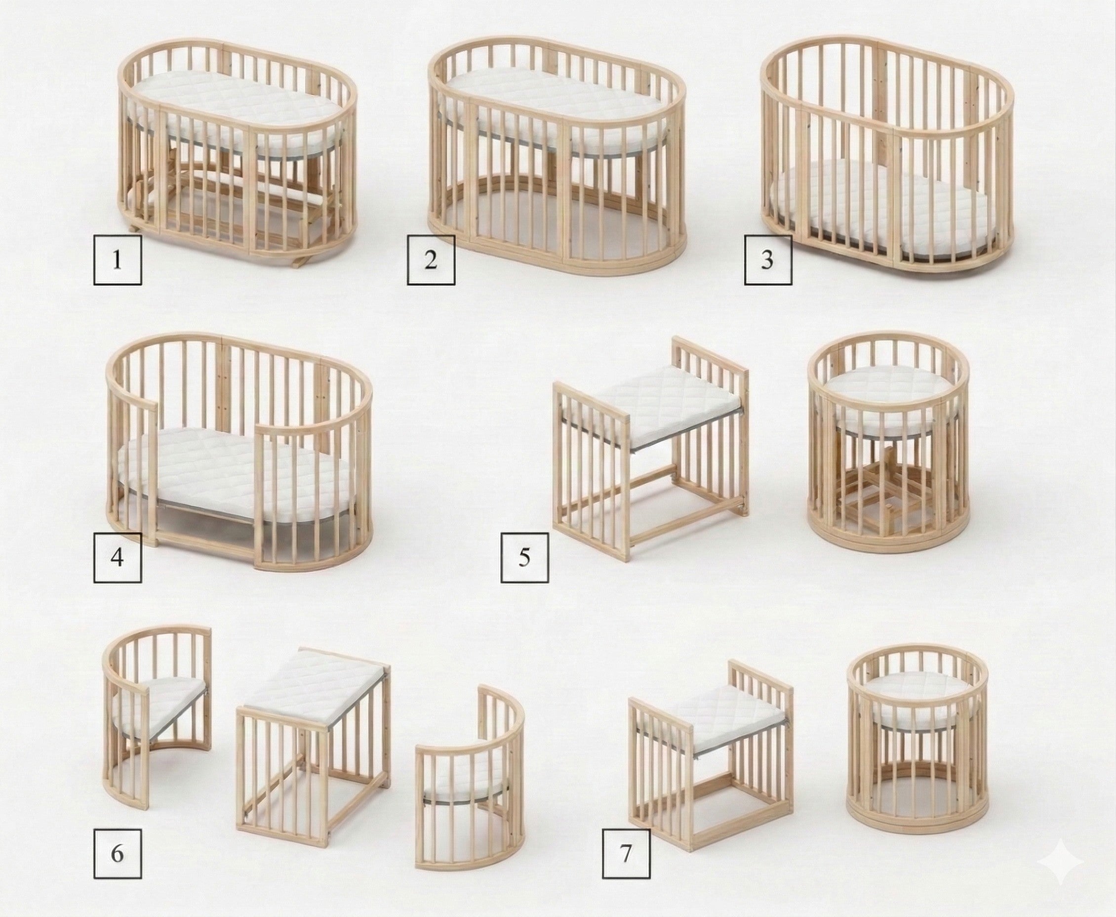 Overzicht van zeven opbouwvarianten van het meegroeiende babyledikant Olin