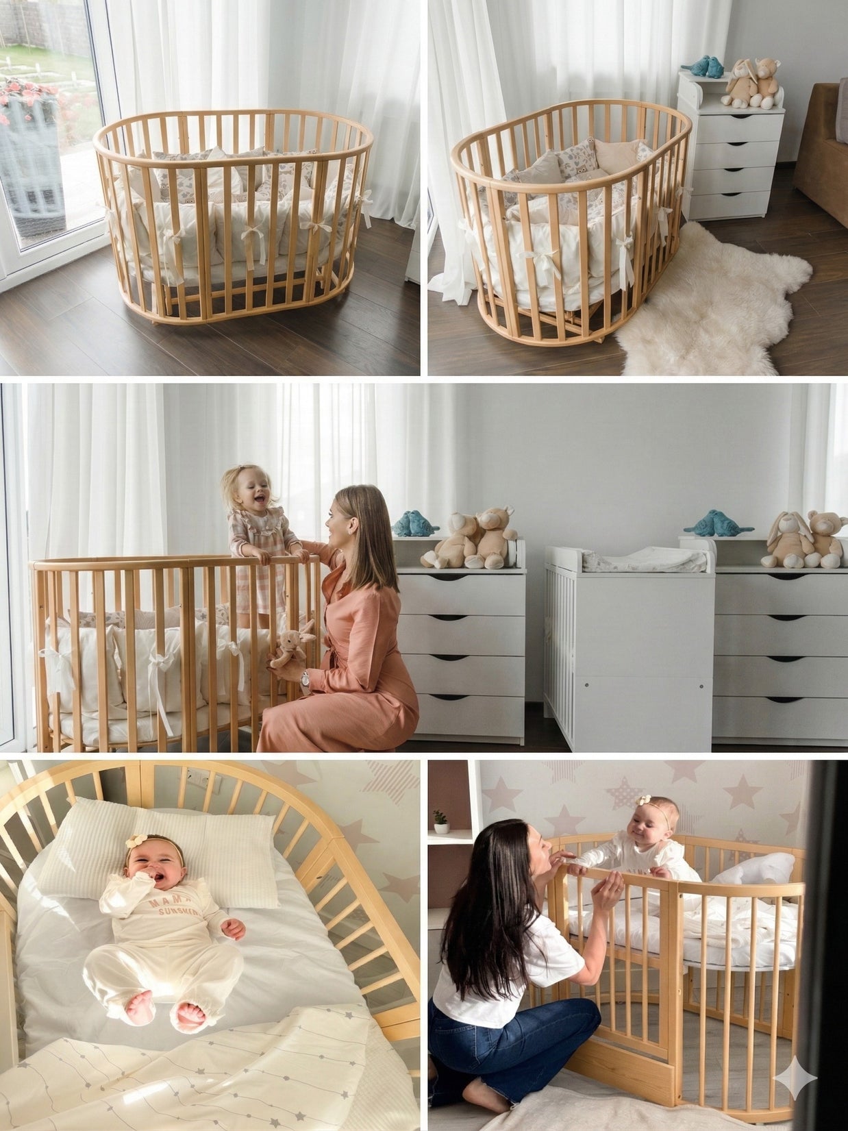 Collage met sfeer- en gebruiksfoto's van het houten babyledikant Olin