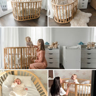 Collage met sfeer- en gebruiksfoto's van het houten babyledikant Olin
