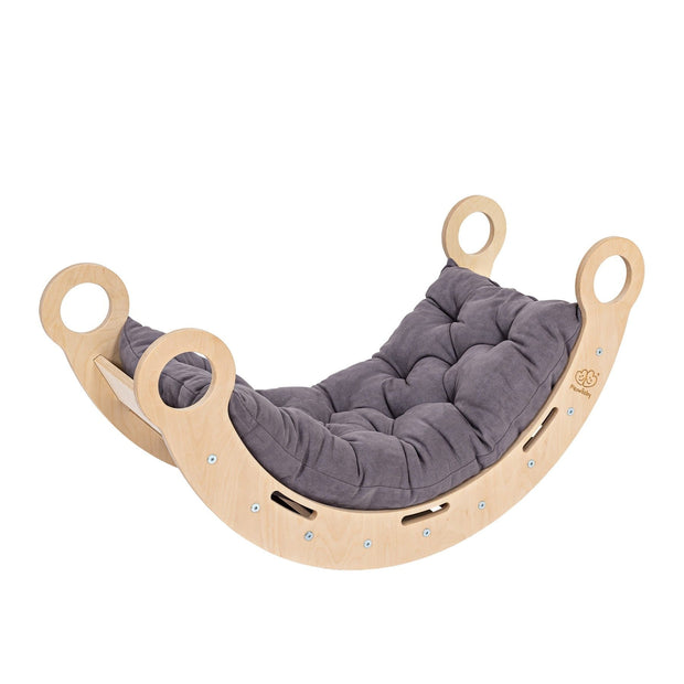 MeowBaby houten schommelstoel voor kinderen met grijs kussen en afgeronde randen