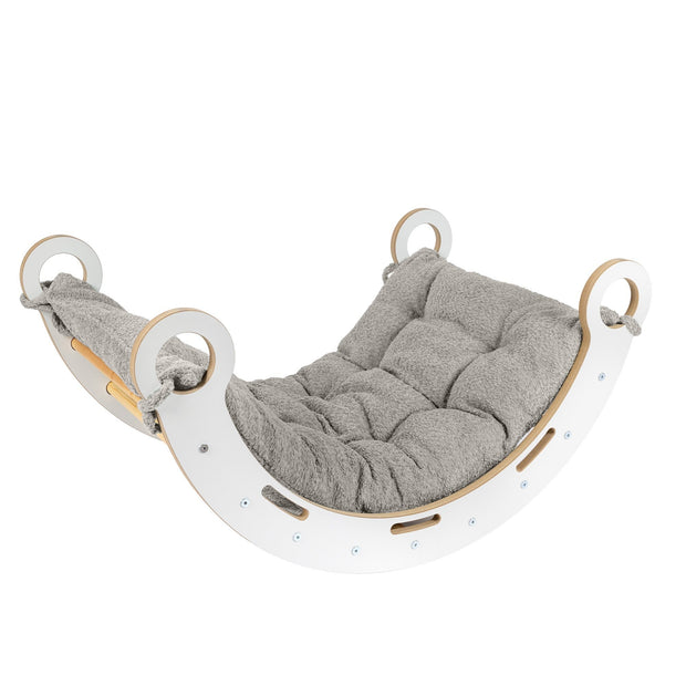 MeowBaby Houten Schommelstoel voor Kinderen wit met zacht grijs kussen en houten handgrepen