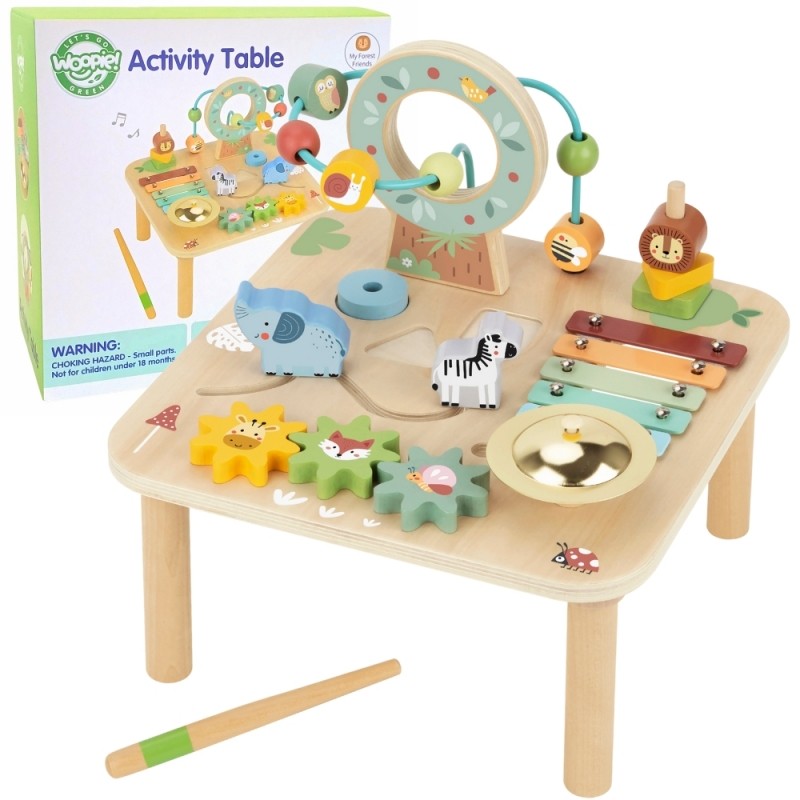 Woopie houten activiteitentafel met xylofoon, kralenbaan en vormenstoof voor peuters
